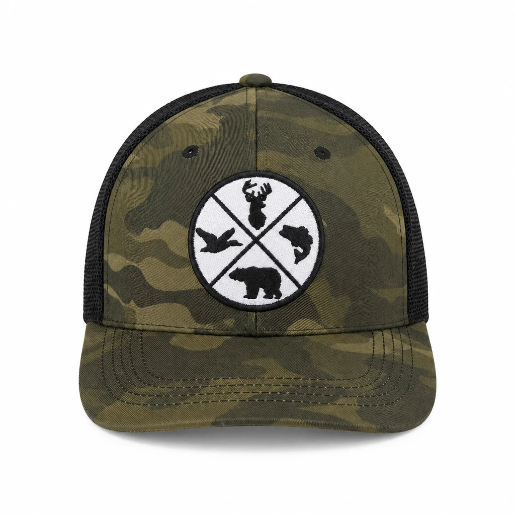 A camouflage trucker hat with a circular white patch on the front featuring black silhouettes of a deer head, a bird, a fish, and a bear.