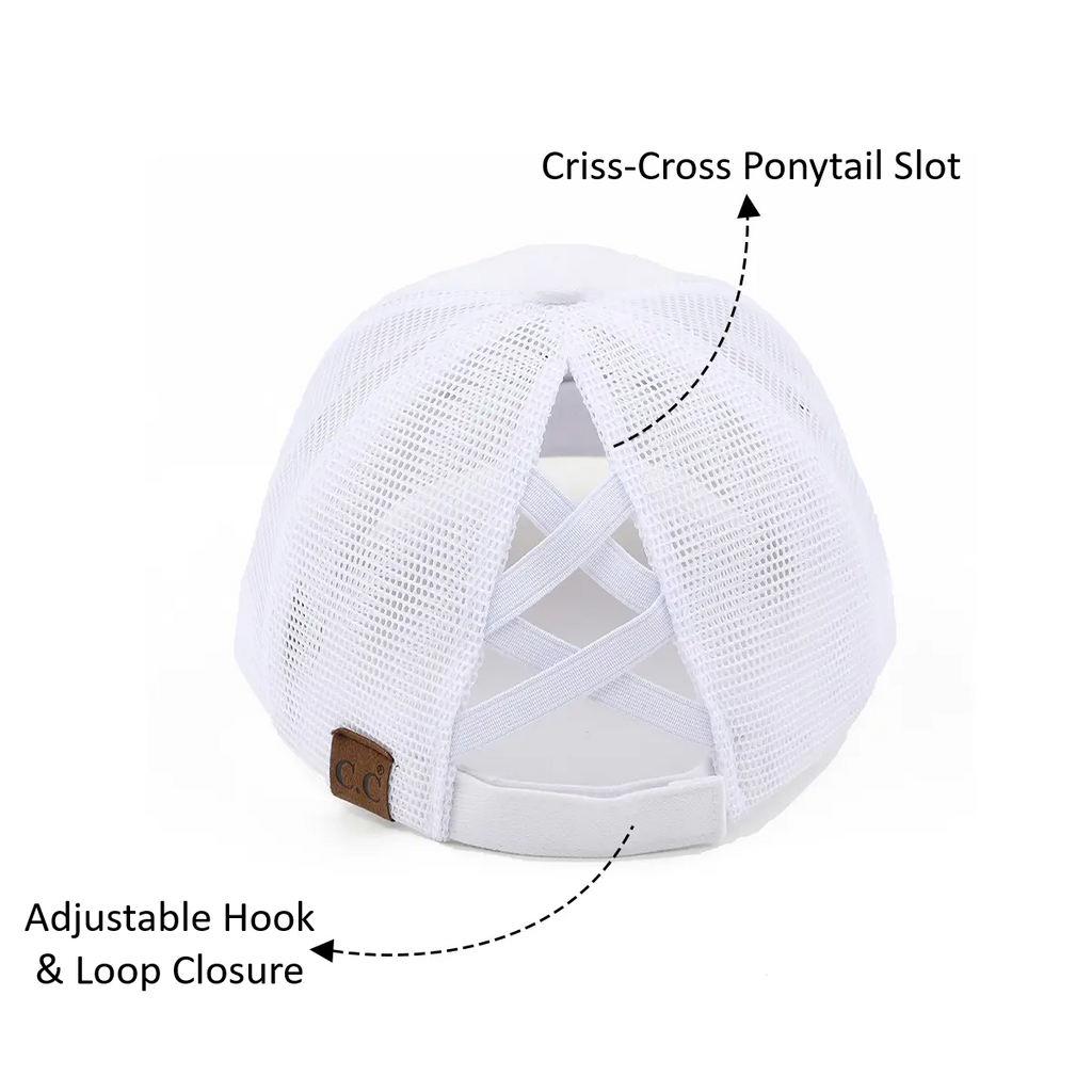 White mesh trucker-style cap shown from the back with overlaid callout labels pointing to the 'Criss-Cross Ponytail Slot' and 'Adjustable Hook & Loop Closure'.