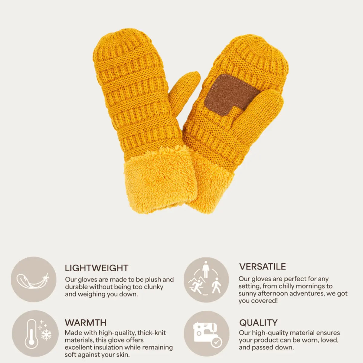 A pair of mustard yellow knit winter gloves with a brown patch on one glove, shown on a light gray background with feature callouts below.