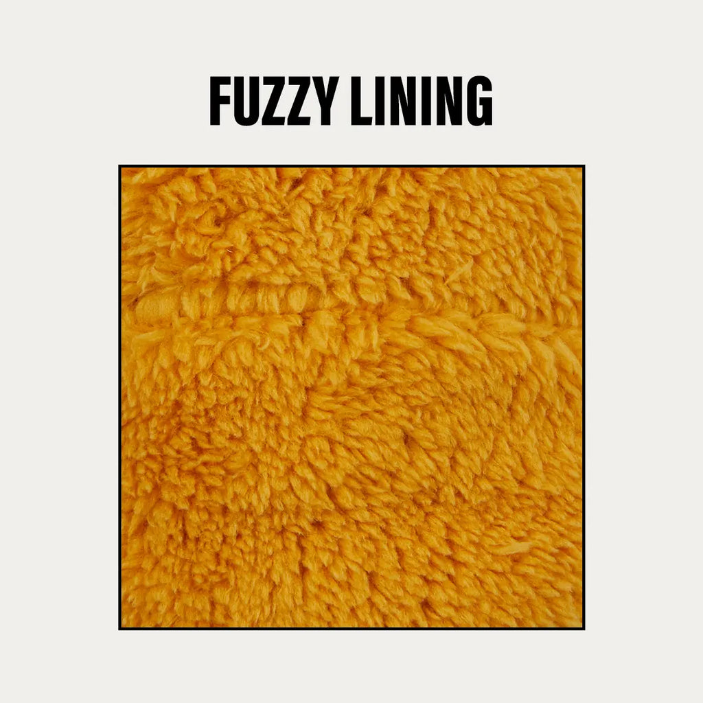 A close-up texture shot of a fuzzy, looped fabric in a warm golden yellow color, framed with a black border and labeled 'FUZZY LINING' above on a light gray background.