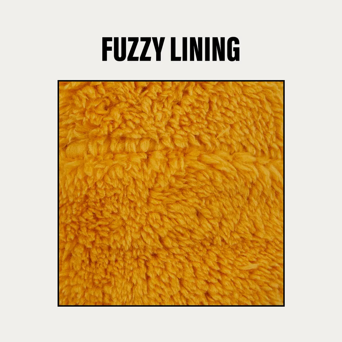 A close-up texture shot of a fuzzy, looped fabric in a warm golden yellow color, framed with a black border and labeled 'FUZZY LINING' above on a light gray background.