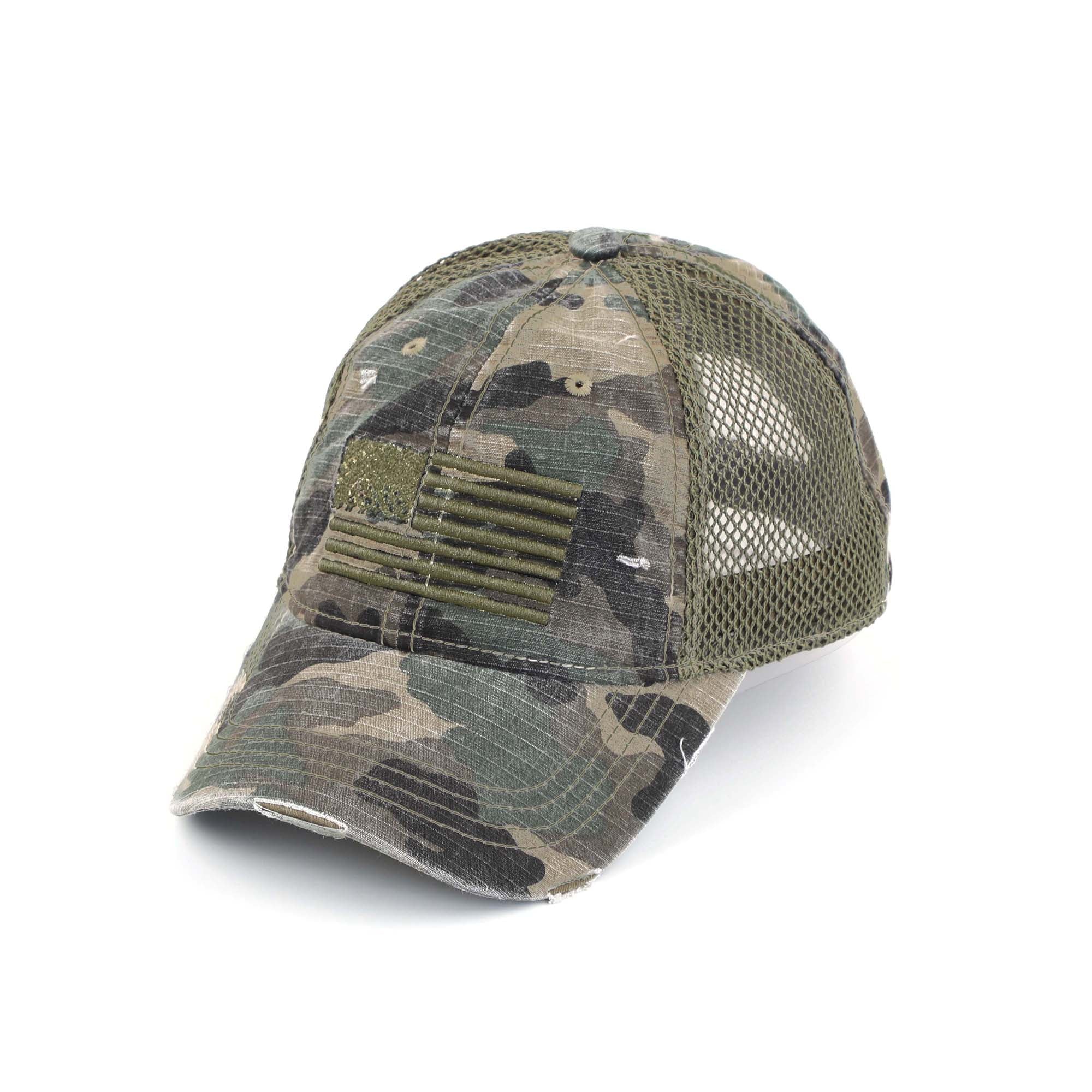 Distressed Camo Baseball Cap with Embroidered USA Flag
