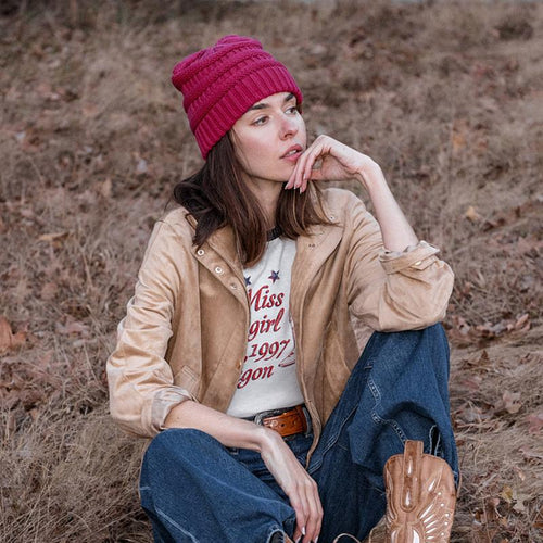C.C Cable Knit Ribbed Ponytail Beanie