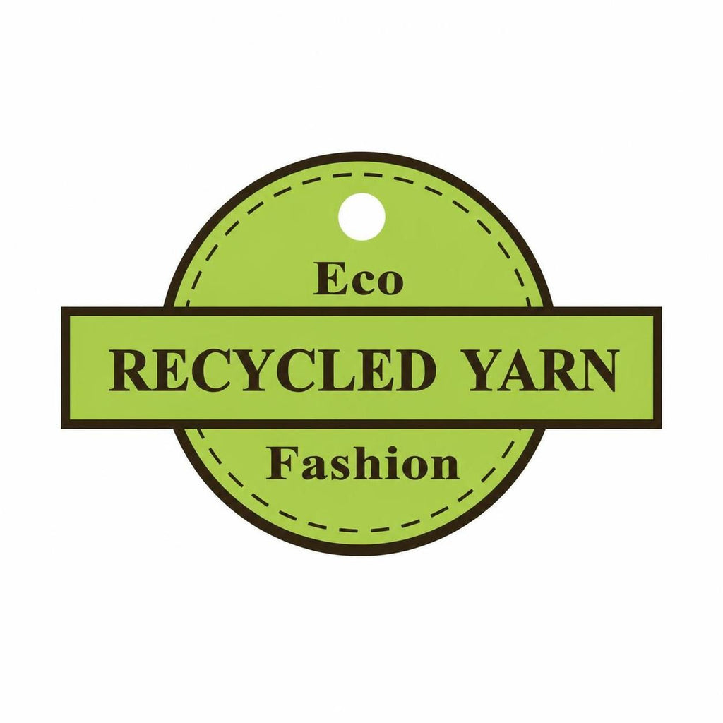 A circular green label graphic with a horizontal banner reading 'RECYCLED YARN' and smaller text 'Eco' above and 'Fashion' below, on a plain white background.