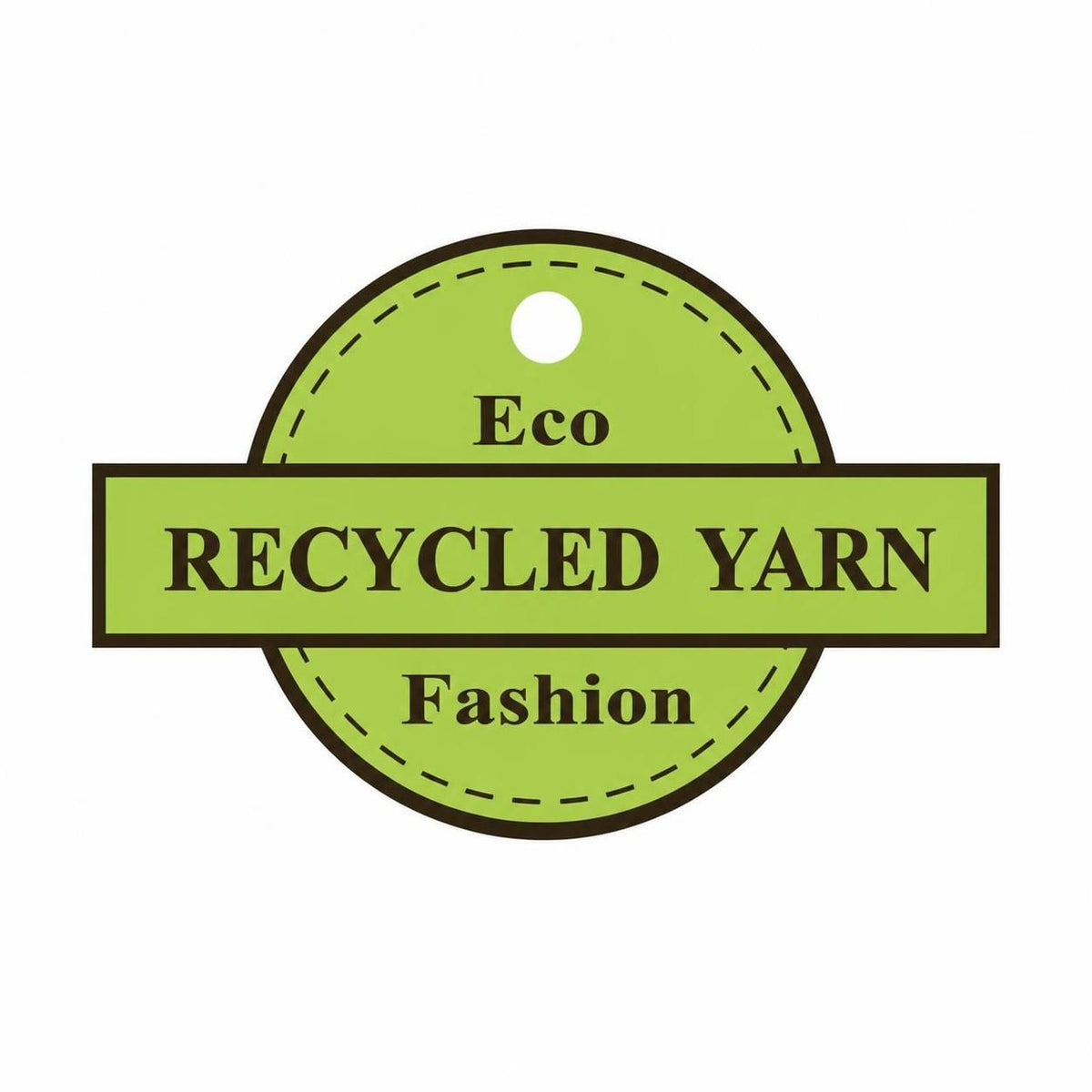 A circular green label graphic with a horizontal banner reading 'RECYCLED YARN' and smaller text 'Eco' above and 'Fashion' below, on a plain white background.