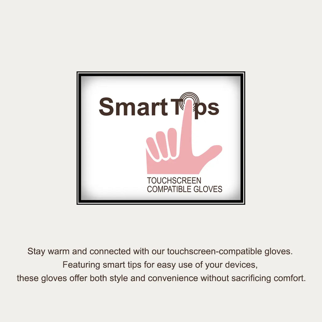A promotional graphic for Smart Tips touchscreen compatible gloves on a light beige background. The central framed graphic shows a pink hand icon touching a screen with the text 'Smart Tips' and 'TOUCHSCREEN COMPATIBLE GLOVES.