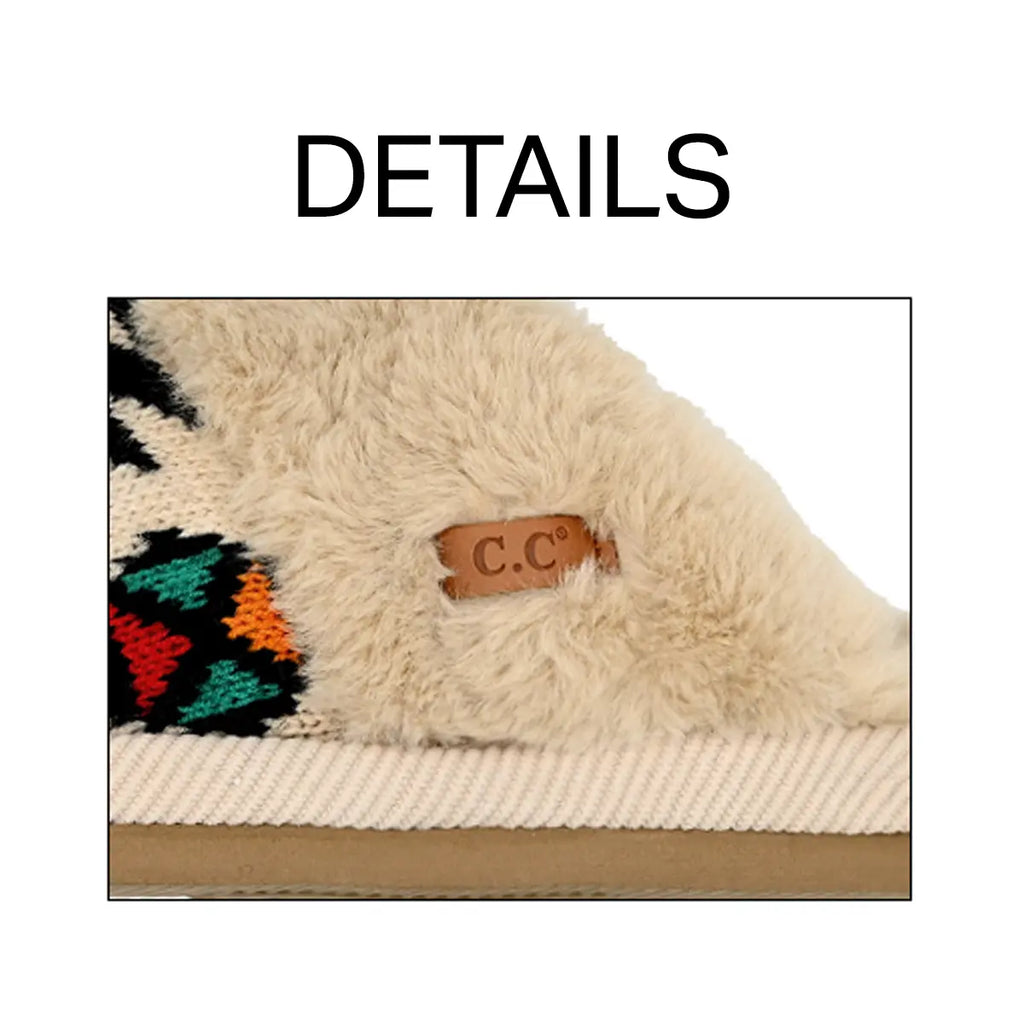 Close-up detail shot of a slippers edge showing cream faux fur, a knit multicolor pattern, a beige sole, and a brown leather C.C logo tab, with the word 'DETAILS' above.