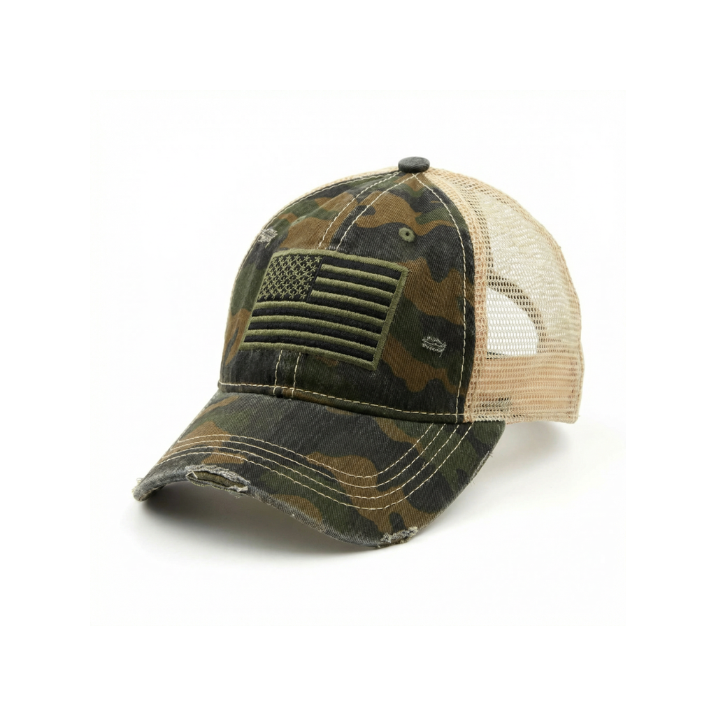 Camo USA Flag Baseball Cap for Women Distressed Patriotic