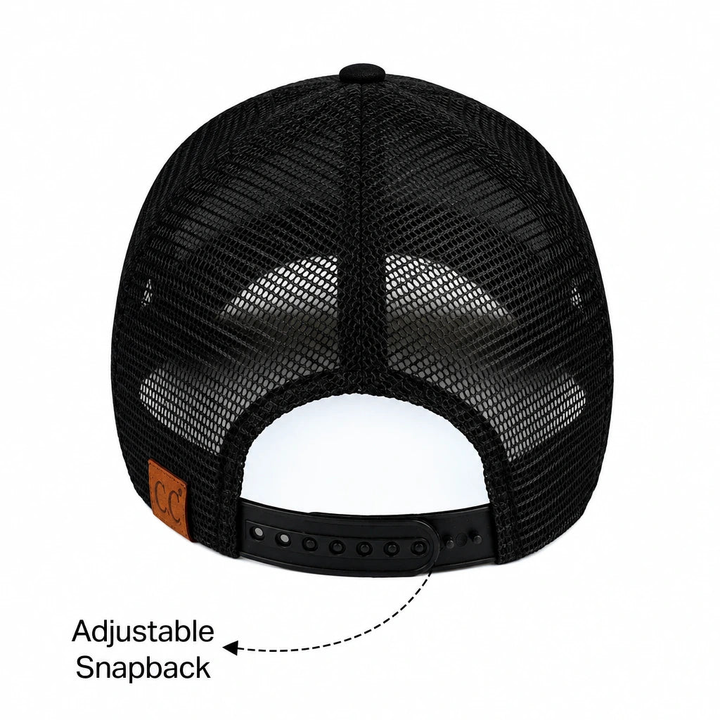 Black mesh trucker cap viewed from the back, showing the adjustable snapback closure and a small brown leather patch. Text overlay reads 'Adjustable Snapback' with a dashed arrow pointing to the snapback strap.