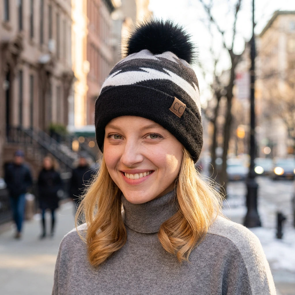 A woman wearing a black knit beanie with a large black pom-pom and a gray and white camouflage pattern. The beanie has a small brown leather patch with the letters 'CC' on the front.