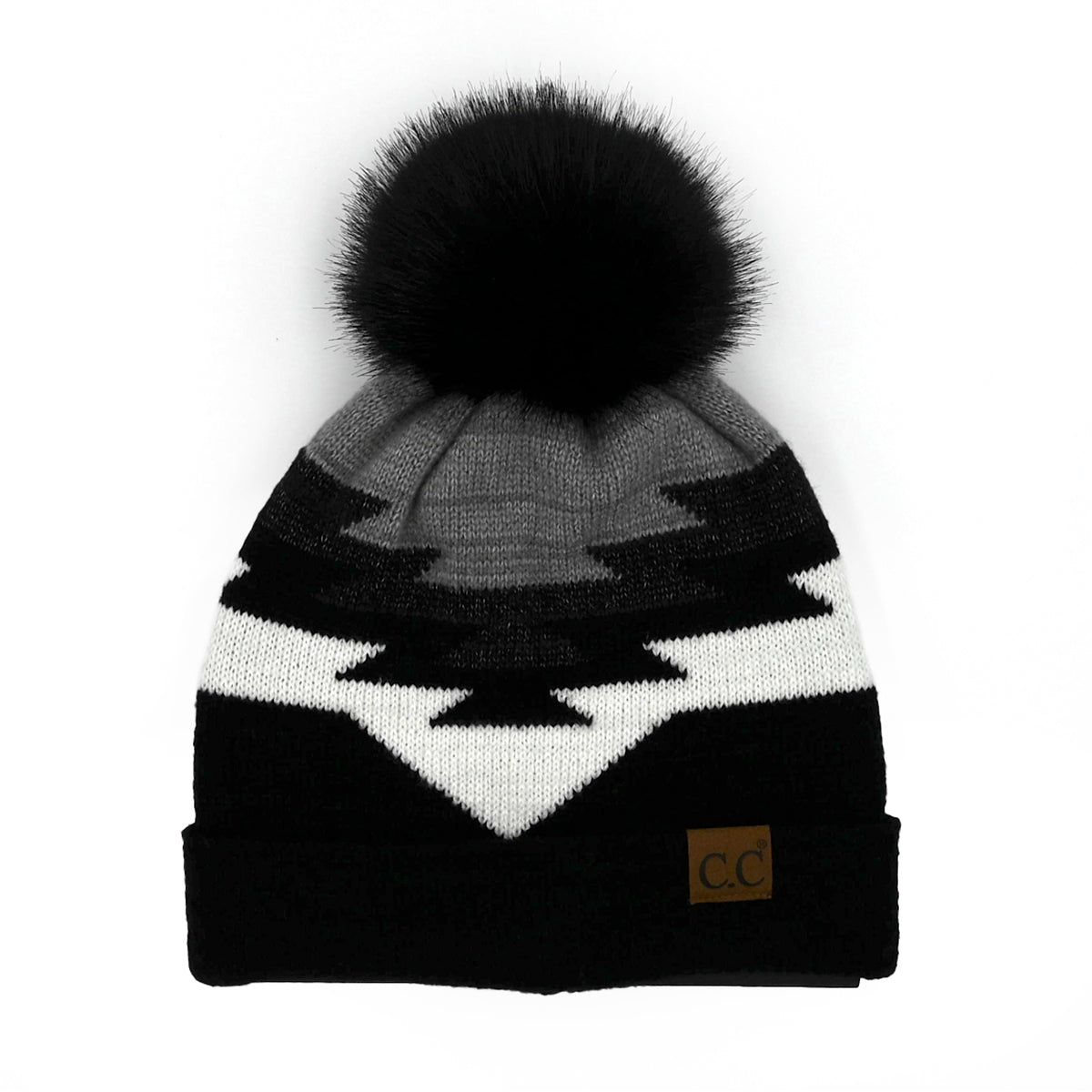 C.C Aztec Pattern Cuff Pom Beanie – Boho Geometric Knit Hat