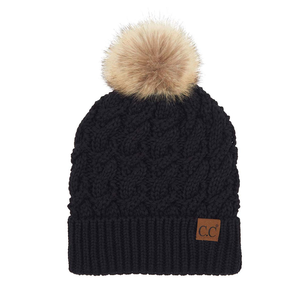 C.C Ribbed Knit Cuff Pom Beanie – Women's Fluffy Pom Winter Hat