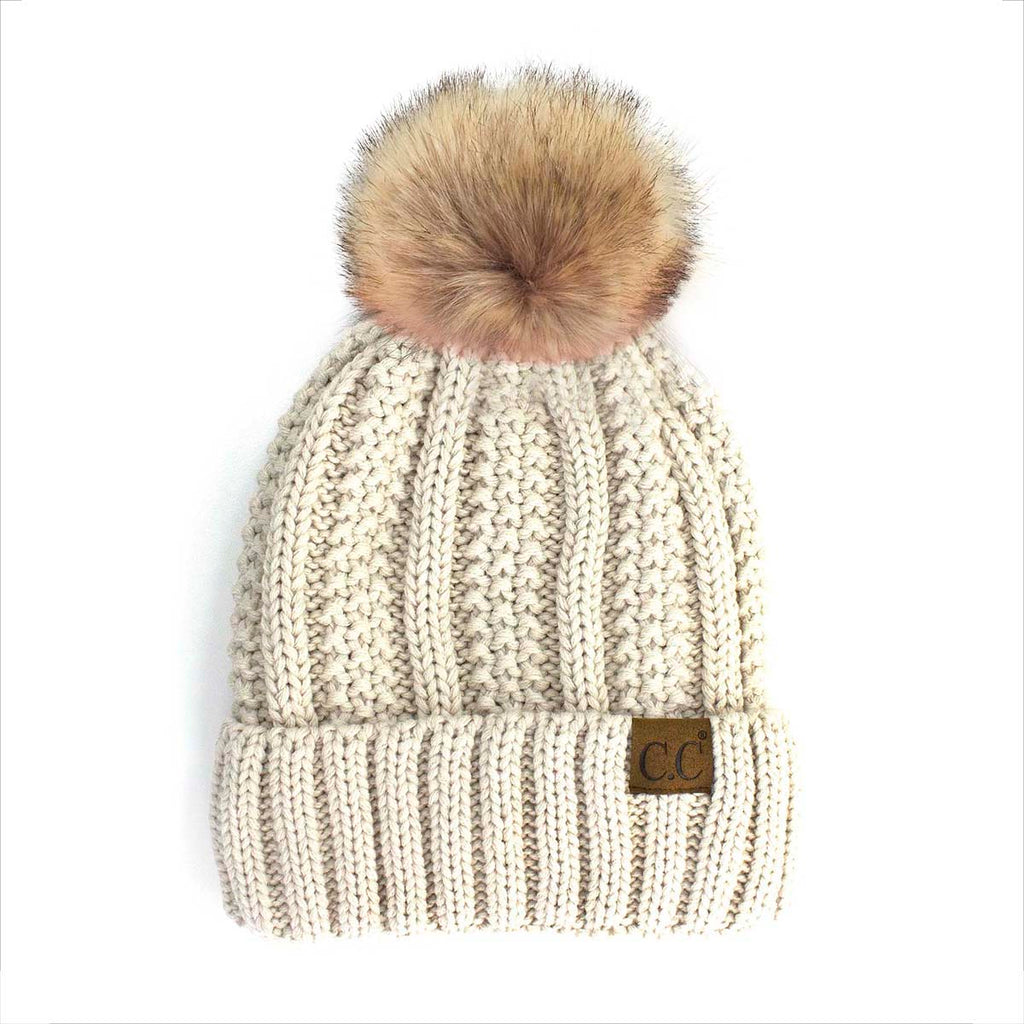 C.C Fuzzy Lined Cuff Pom Beanie – Women's Faux Fur Pom Knit Hat