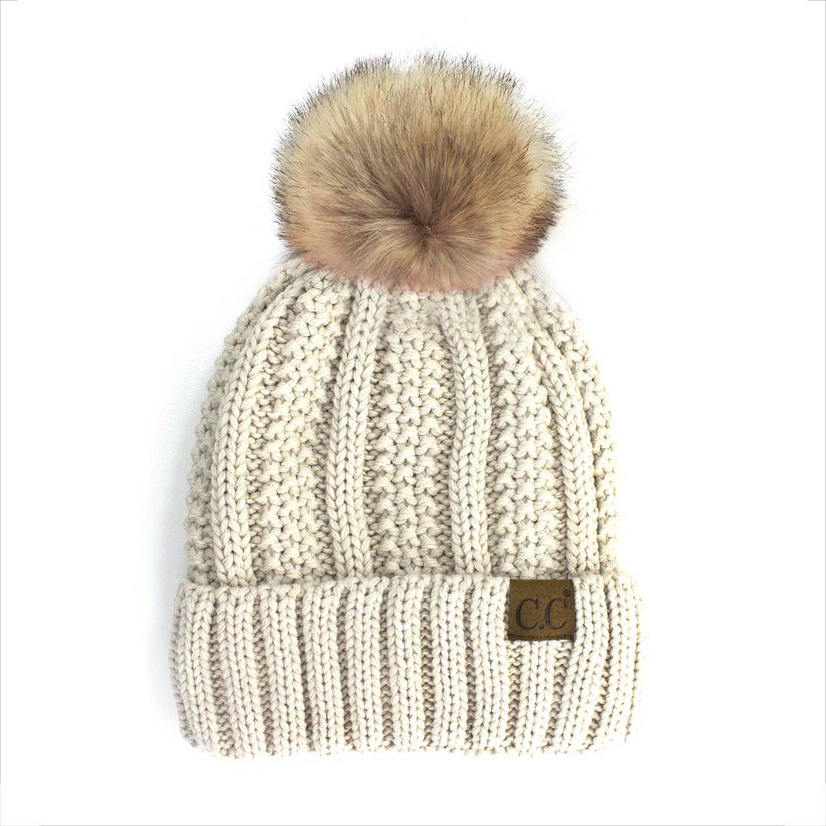 C.C Fuzzy Lined Cuff Pom Beanie – Women's Faux Fur Pom Knit Hat