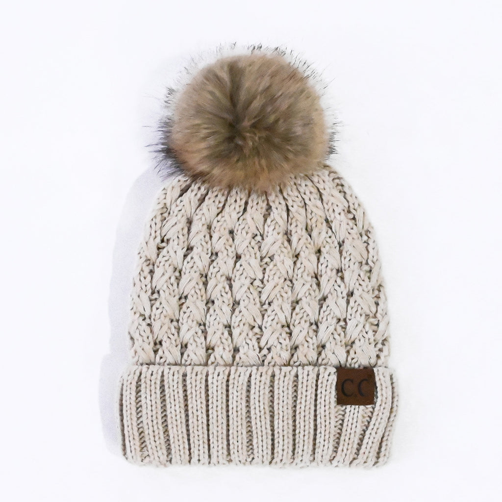 C.C Crossover Stitch Cuff Pom Beanie – Women's Lattice Knit Hat