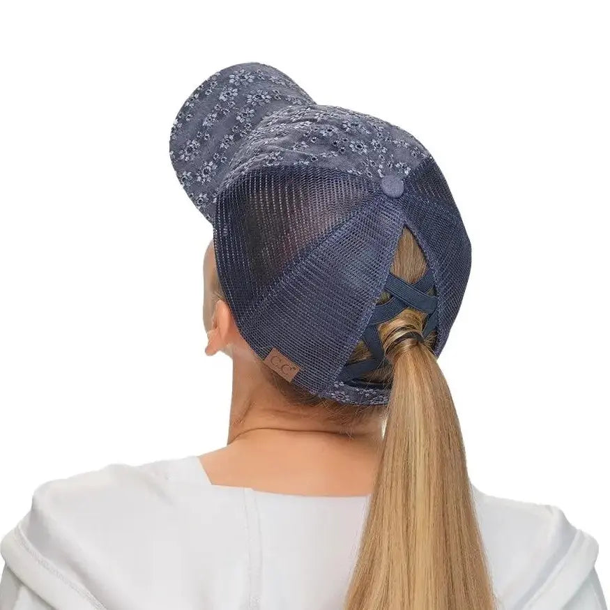 C.C Flower Embroidery Criss-Cross Ponytail Baseball Cap