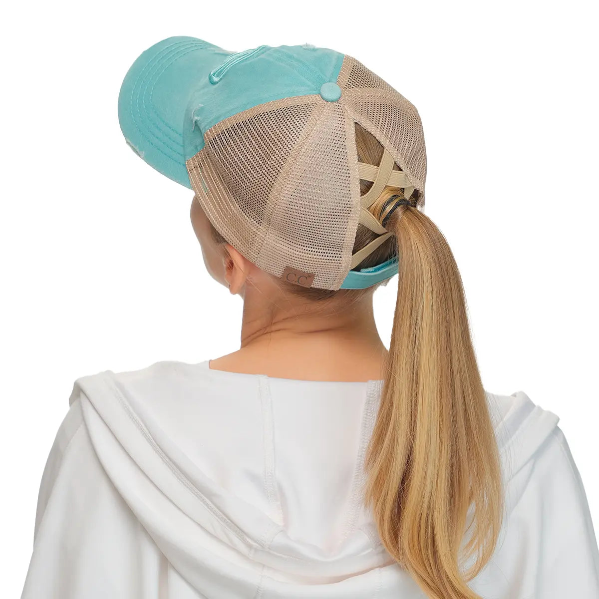 C.C Distressed Peace Sign Criss-Cross Ponytail Baseball Cap