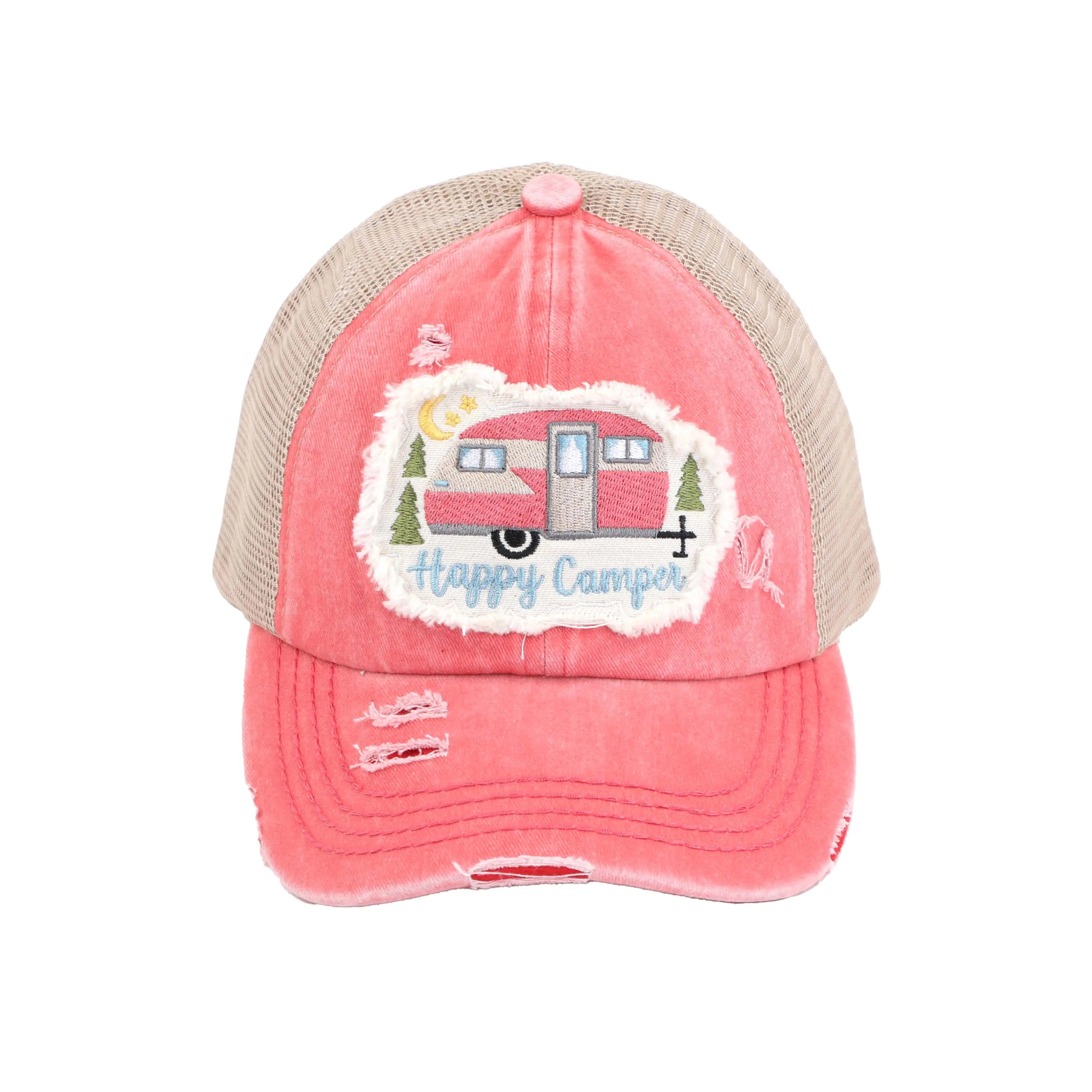 Distressed Happy Camper Embroidered Patch Ponytail Cap