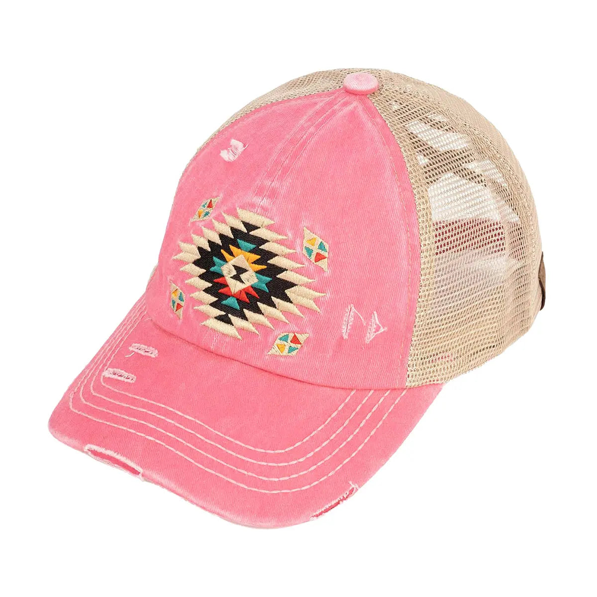 Distressed Aztec Patch Criss-Cross Ponytail Cap