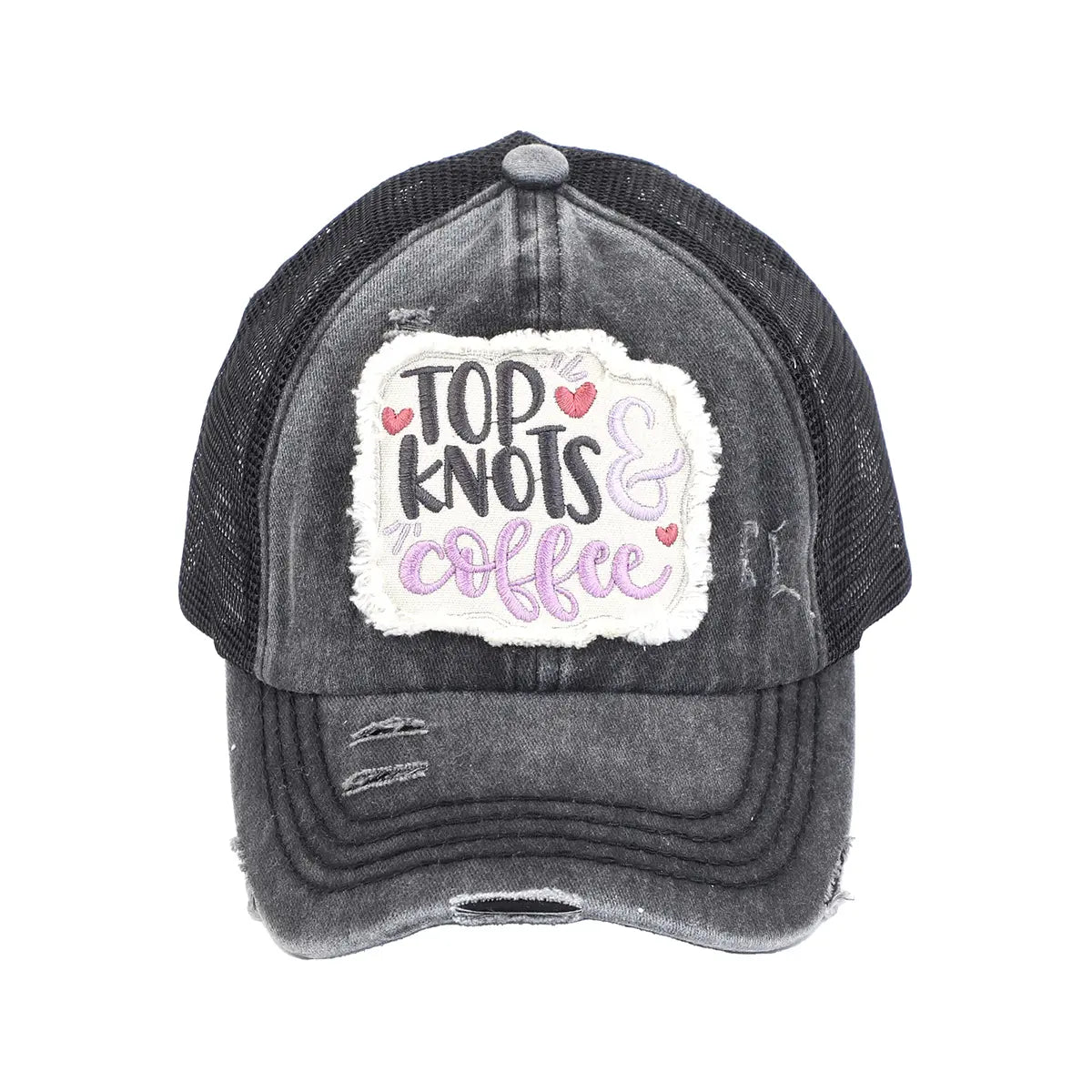 C.C Distressed Top Knots & Coffee Patch Criss-Cross Ponytail Baseball Cap