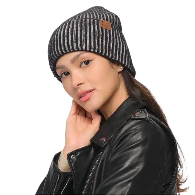 C.C Contrast Color Stripe Ribbed Knit Cuff Beanie