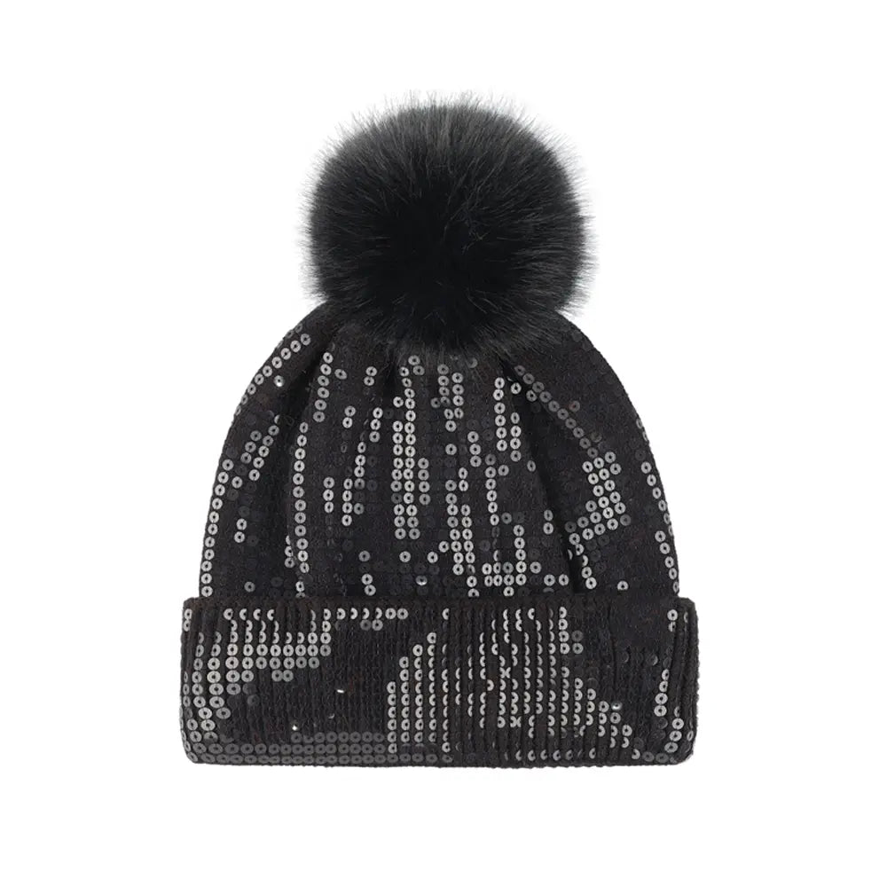 C.C Clear Sequin Cuff Pom Beanie
