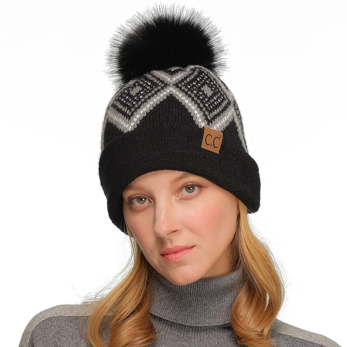 C.C Luxe Diamond Pattern Cuff Pom Beanie – Geometric Knit Hat