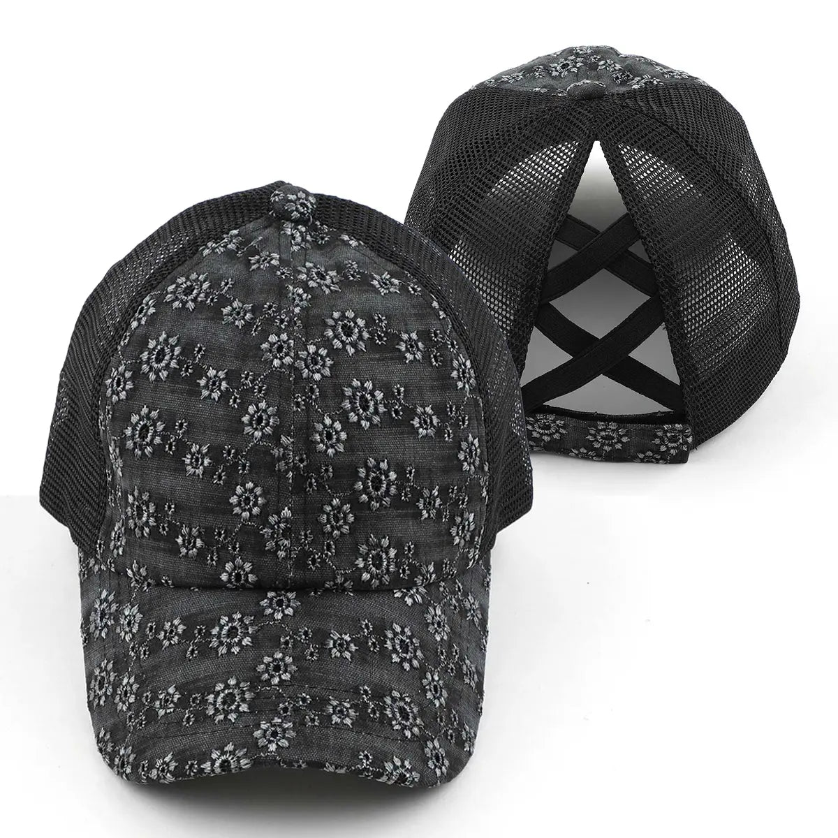 C.C Flower Embroidery Criss-Cross Ponytail Baseball Cap