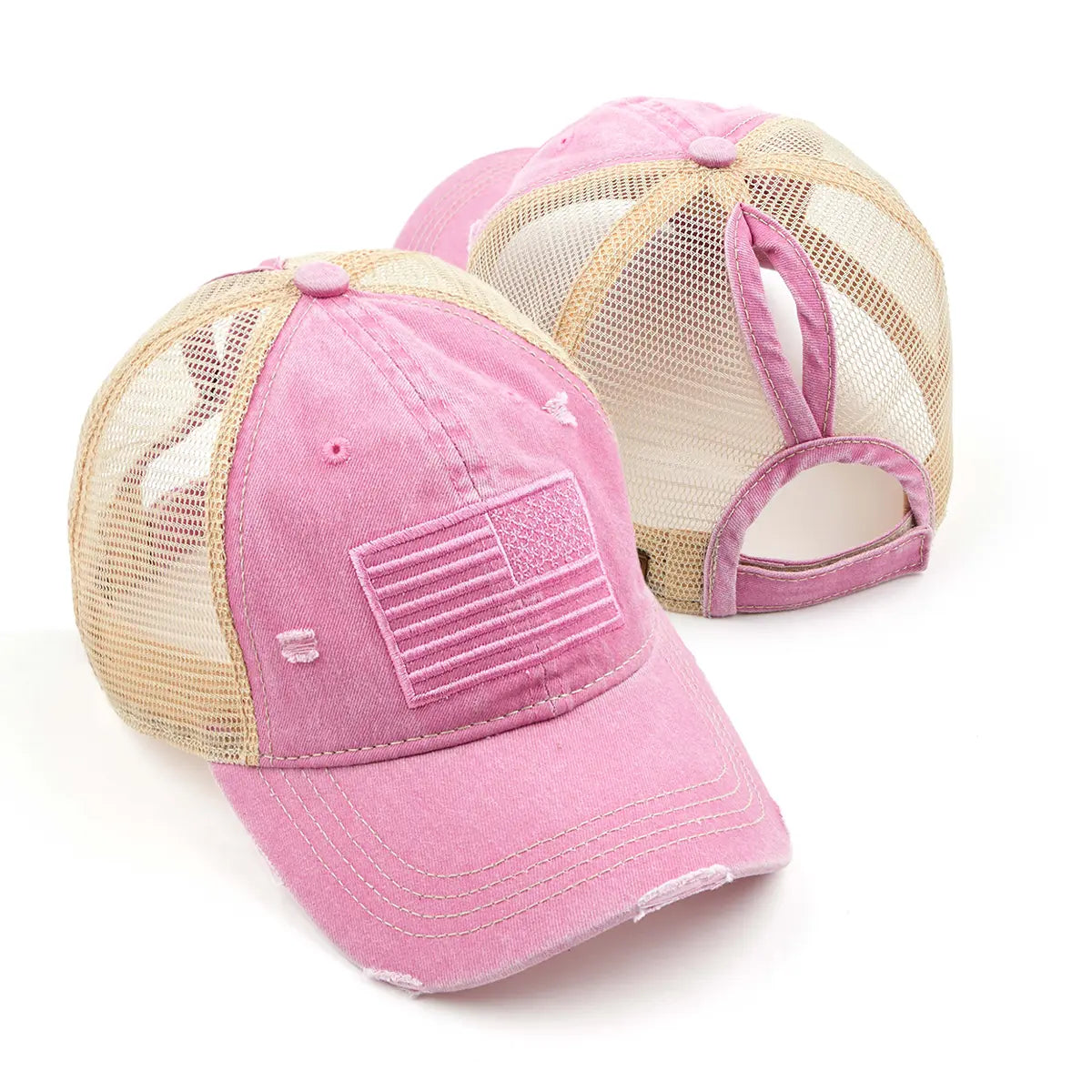 Distressed Tone & Tone Embroidered USA Flag Ponytail Cap