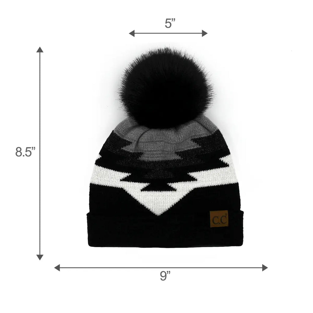 C.C Aztec Pattern Cuff Pom Beanie – Boho Geometric Knit Hat