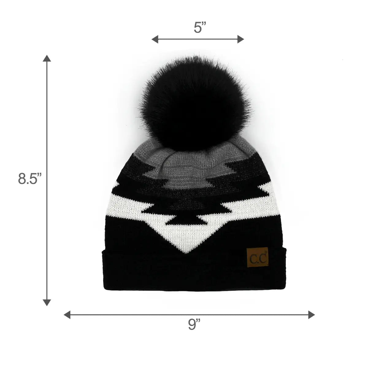 C.C Aztec Pattern Cuff Pom Beanie – Boho Geometric Knit Hat