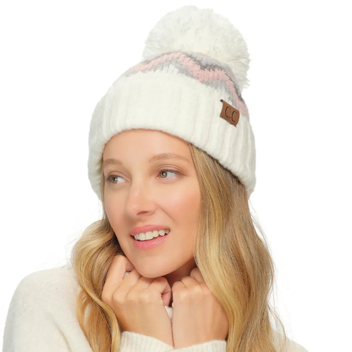 C.C Aztec Chevron Pattern Duff Pom Beanie