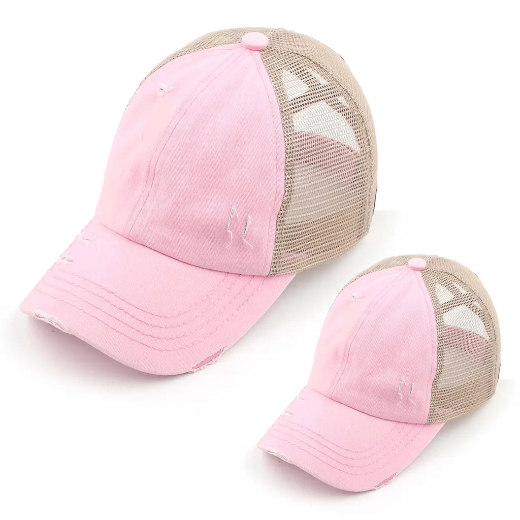 C.C Distressed Criss-Cross Ponytail Hat Mommy & Me Bundle