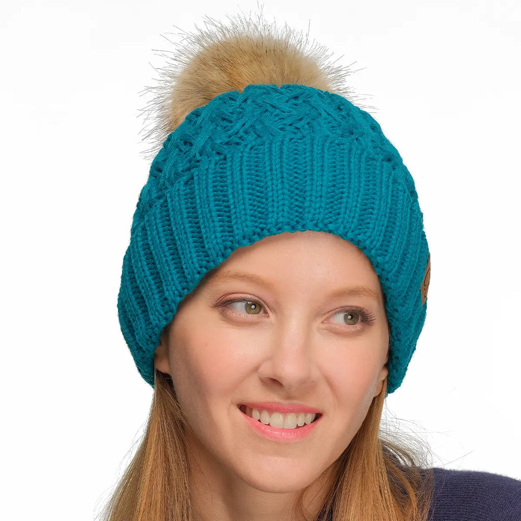 C.C Crossover Stitch Cuff Pom Beanie – Women's Lattice Knit Hat