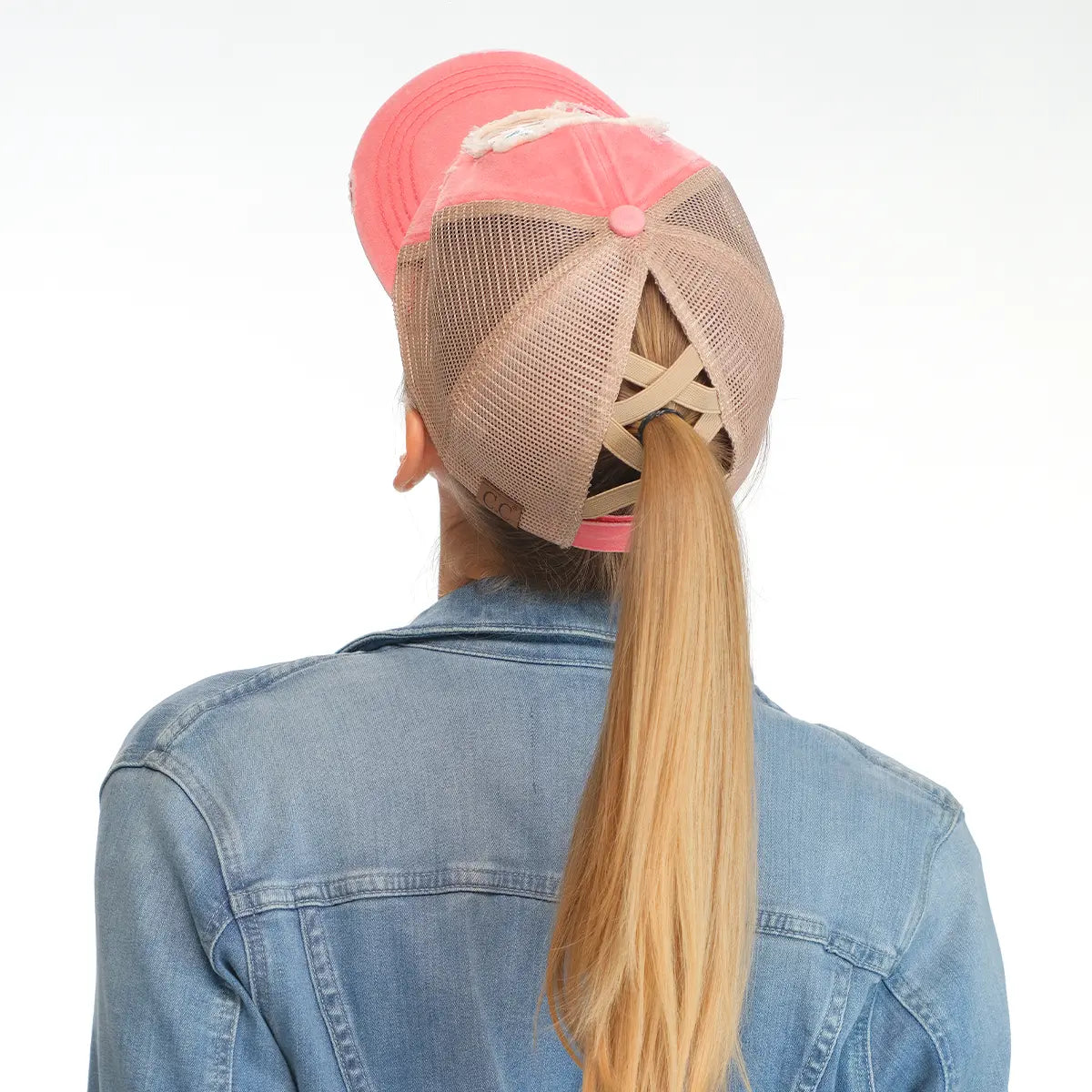 C.C Distressed Top Knots & Coffee Patch Criss-Cross Ponytail Baseball Cap