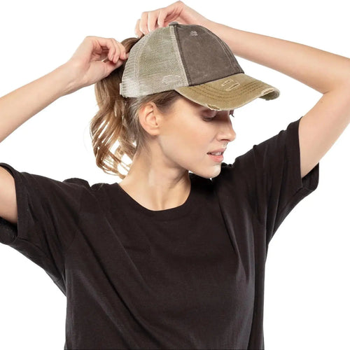 C.C 3-Tone Distressed Criss-Cross Ponytail Cap