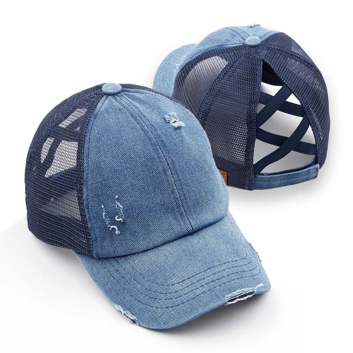 Distressed Criss-Cross Ponytail Cap