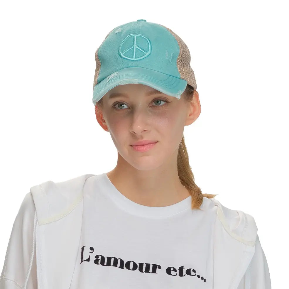 C.C Distressed Peace Sign Criss-Cross Ponytail Baseball Cap