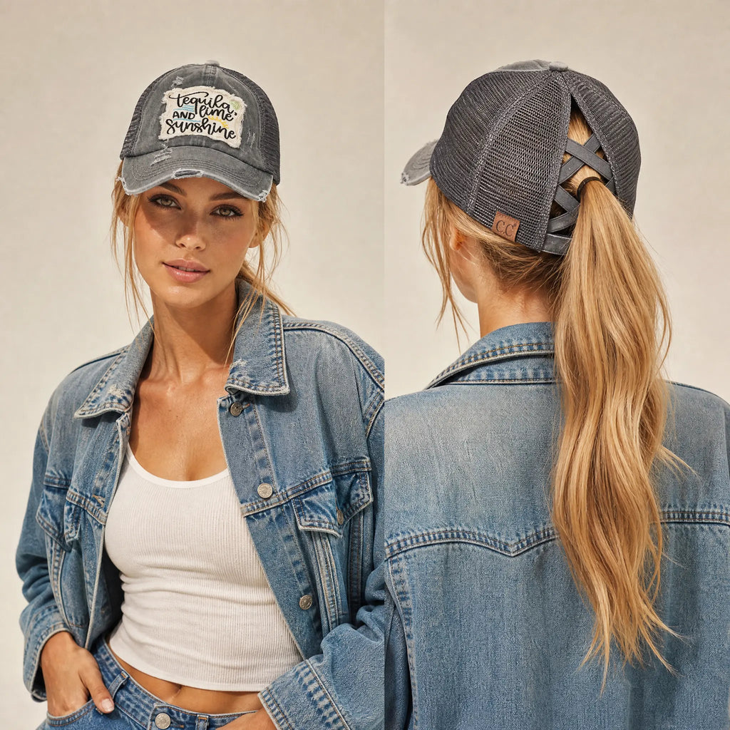 C.C Distressed Tequila, Lime, and Sunshine Patch Criss-Cross Ponytail Baseball Hat