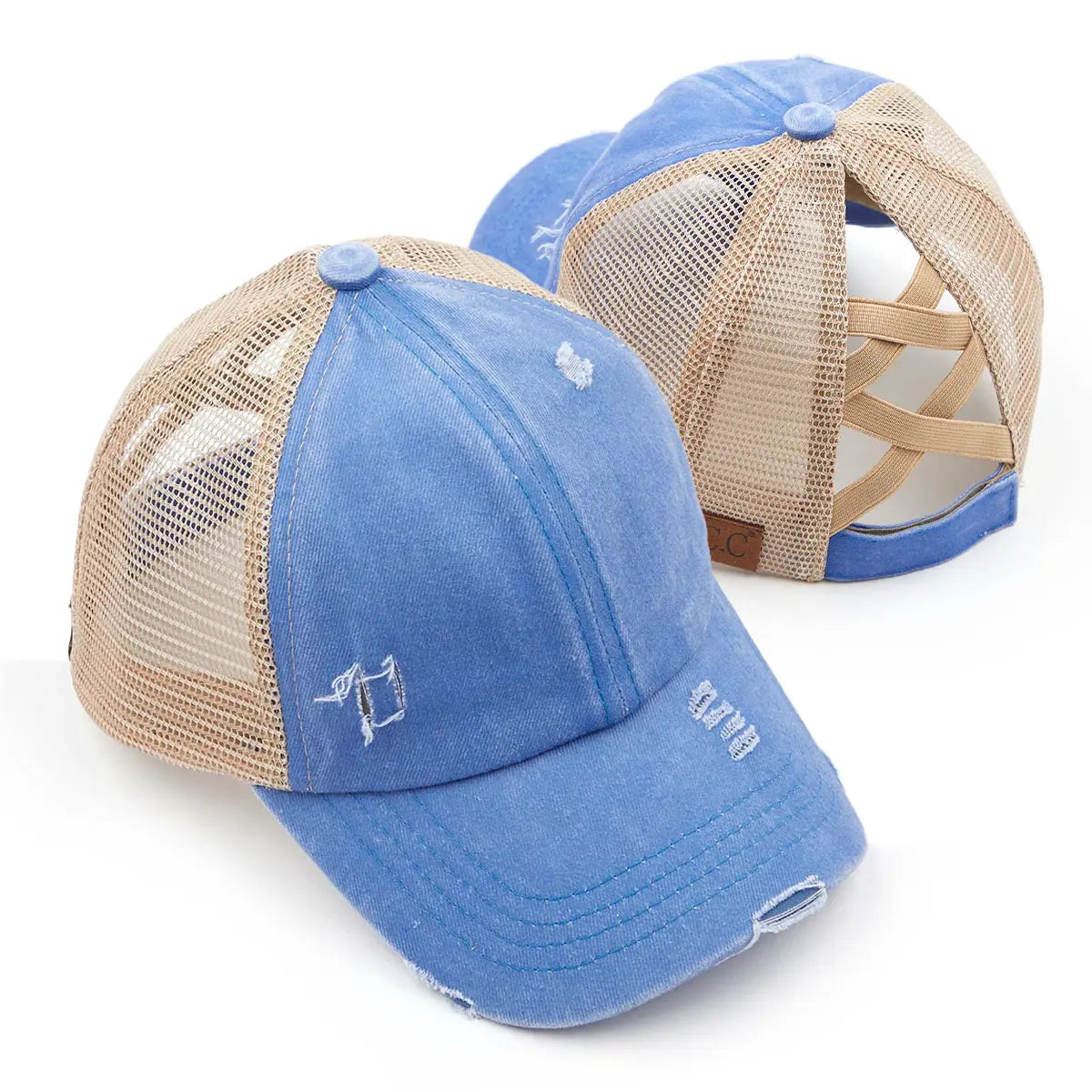 Distressed Criss-Cross Ponytail Cap