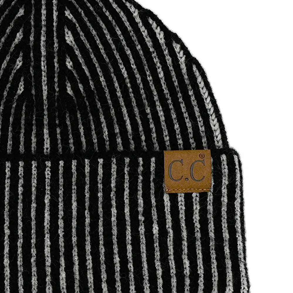 C.C Contrast Color Stripe Ribbed Knit Cuff Beanie