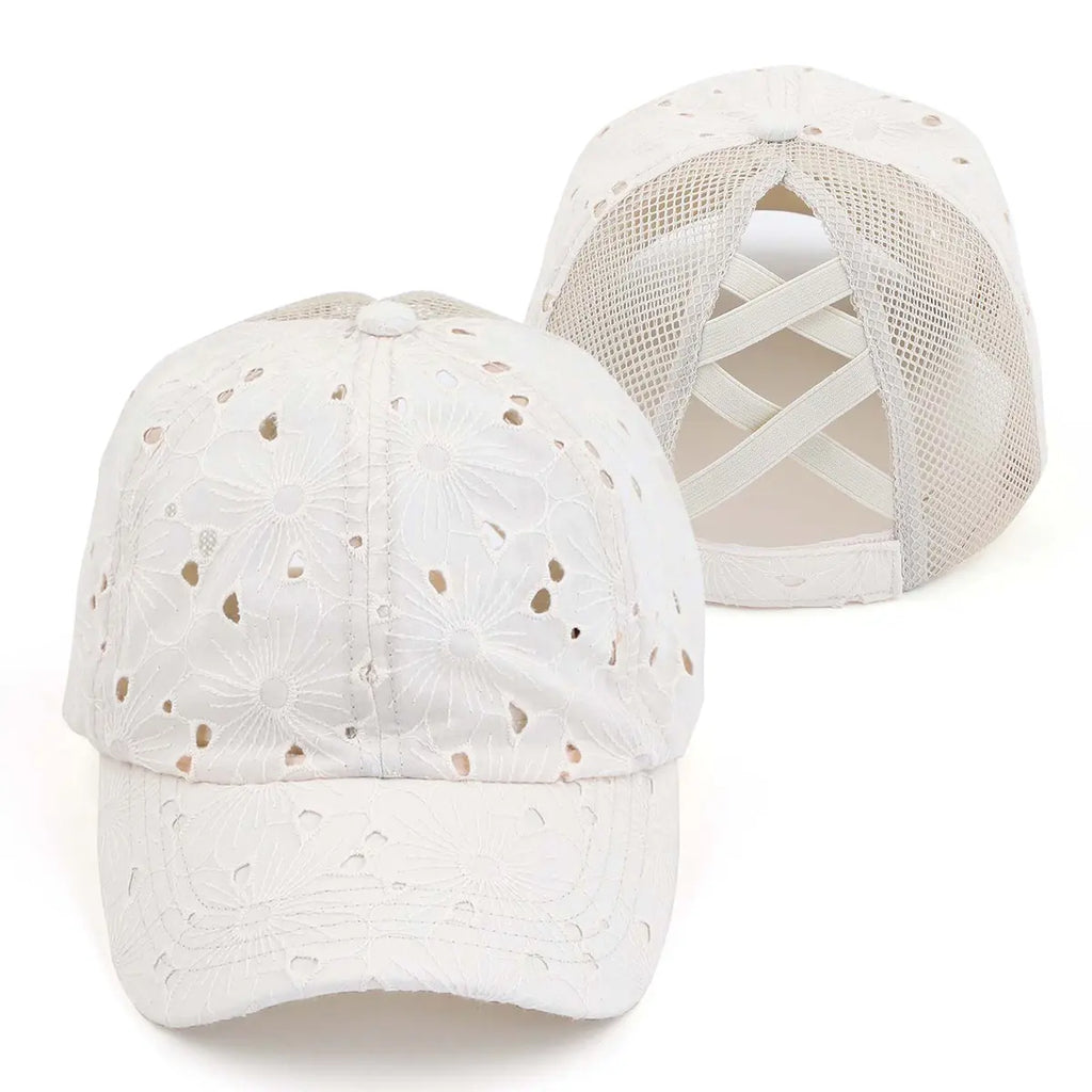 C.C Embroidered Eyelet Criss-Cross Ponytail Baseball Hat