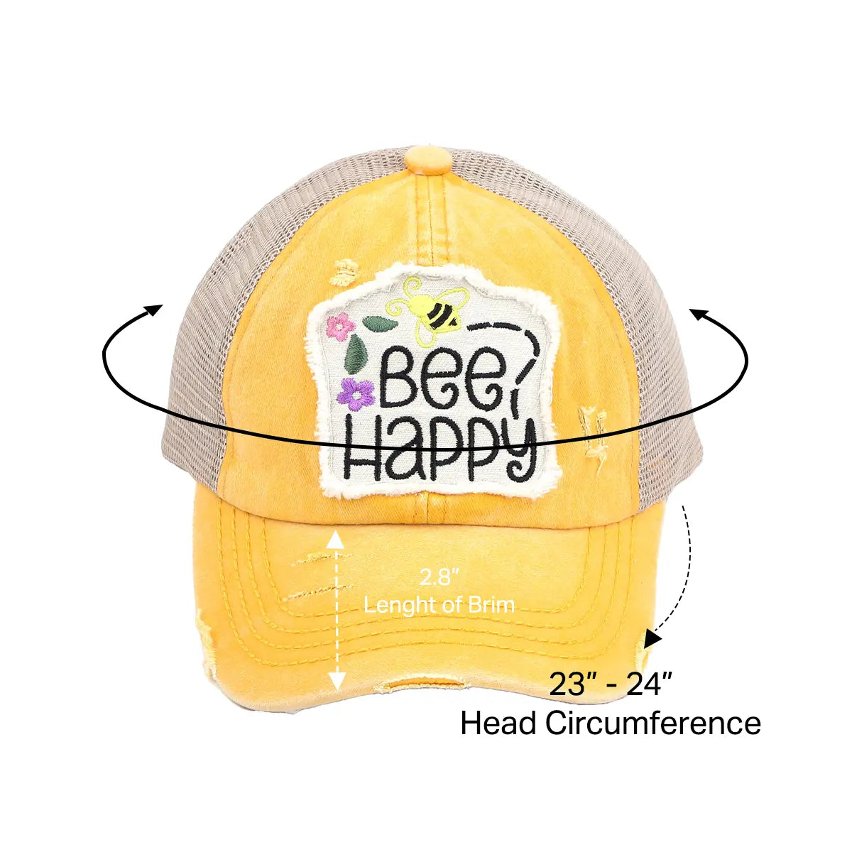 C.C Distressed Bee Happy Patch Criss-Cross Ponytail Baseball Hat