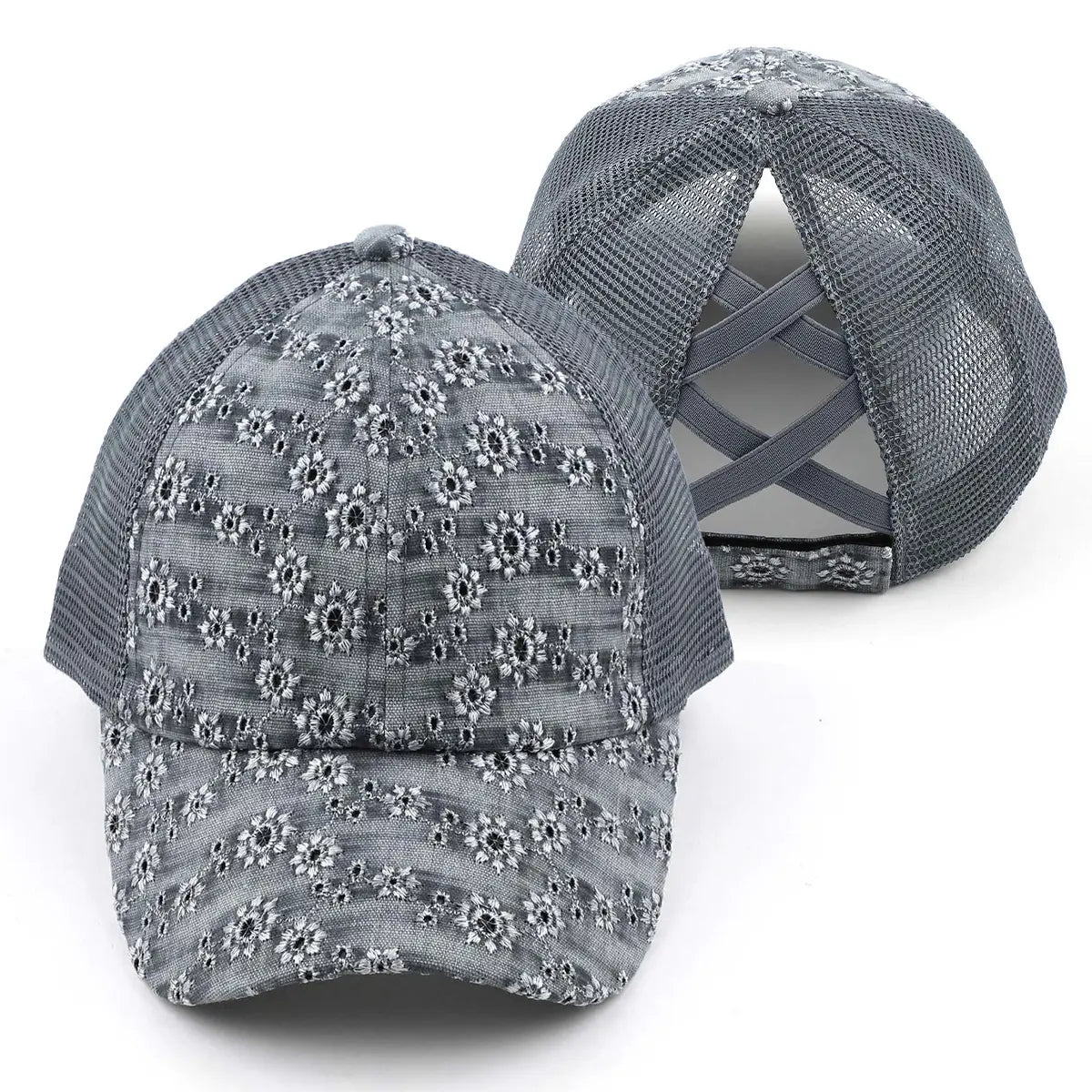 C.C Flower Embroidery Criss-Cross Ponytail Baseball Cap