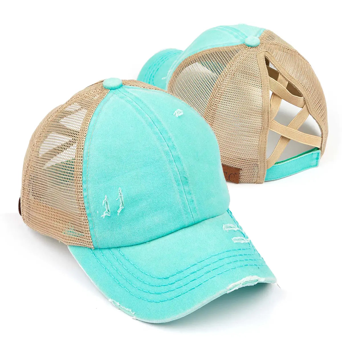 Distressed Criss-Cross Ponytail Cap
