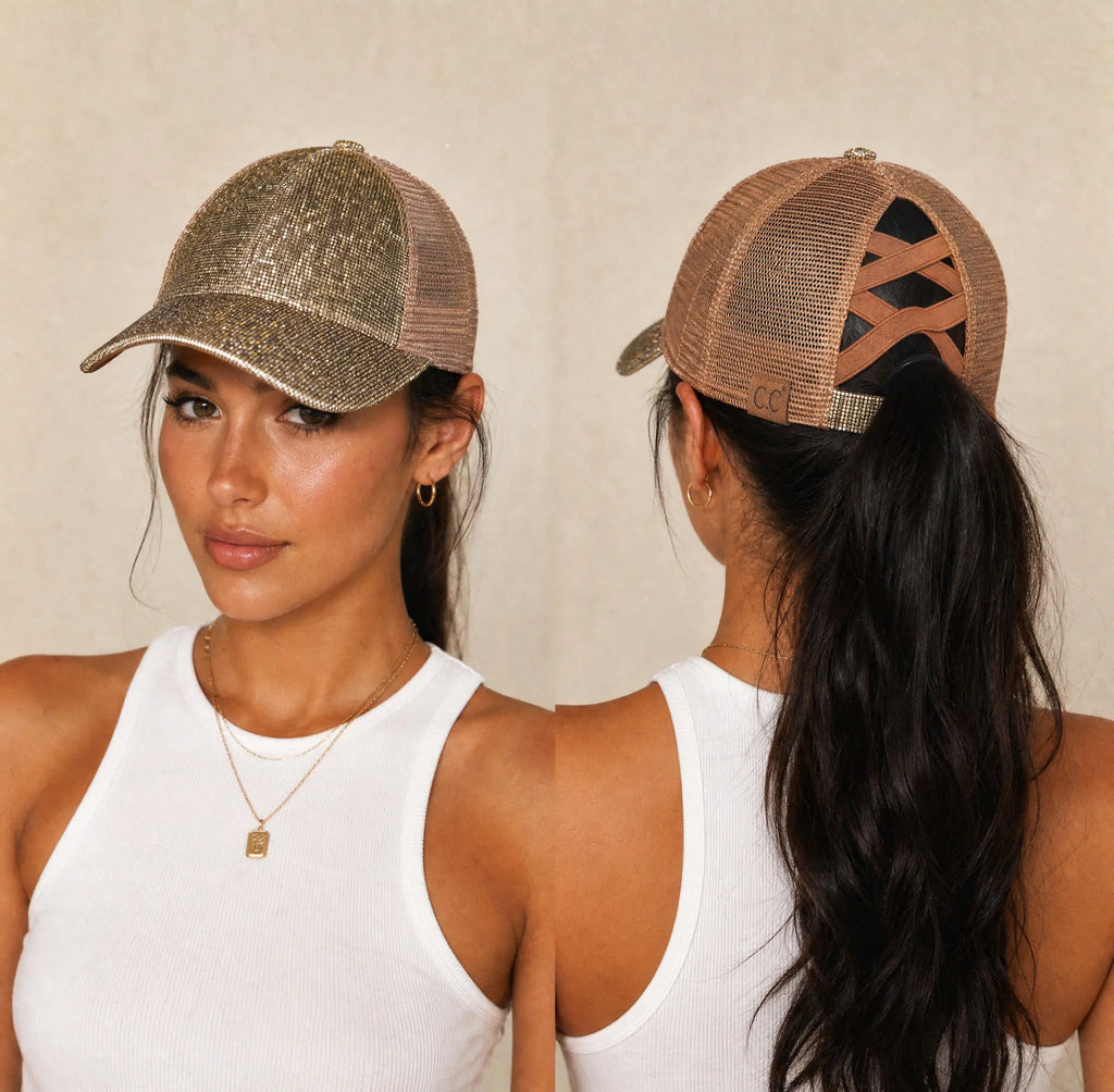 C.C Glitter Mesh Criss-Cross Ponytail Baseball Hat