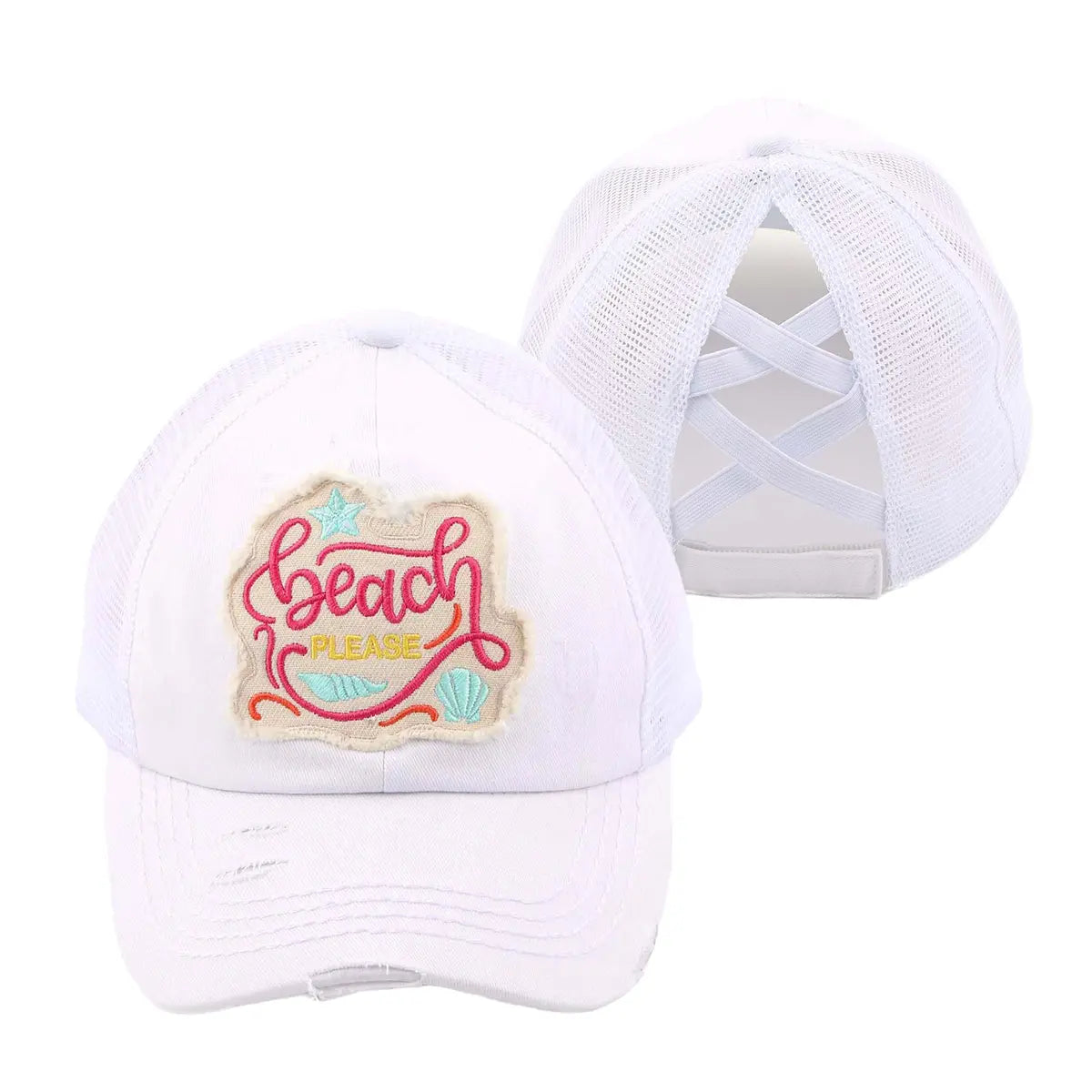 Distressed Beach Please Embroidered Patch Ponytail Cap