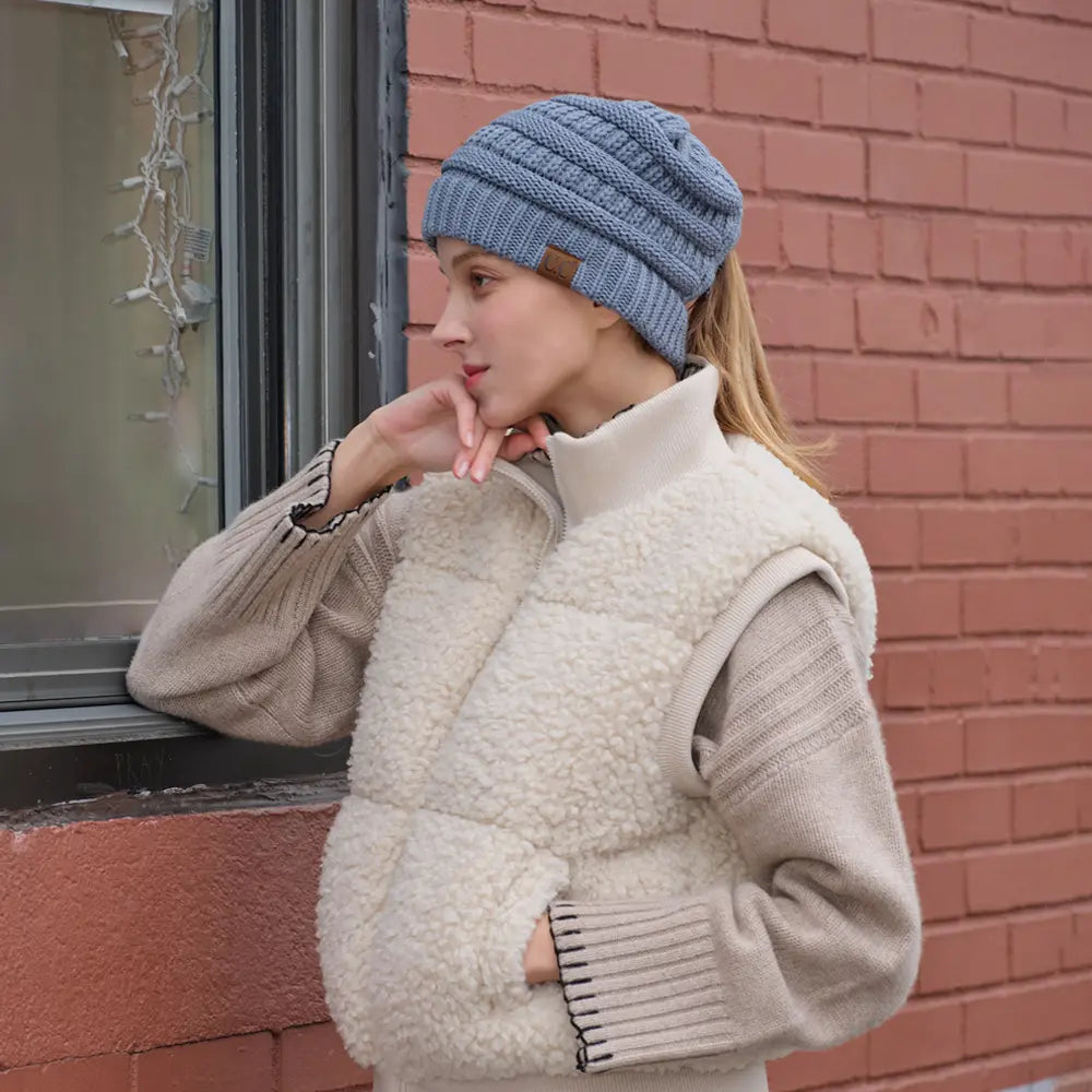 C.C Ribbed Knit Criss-Cross Ponytail Beanie
