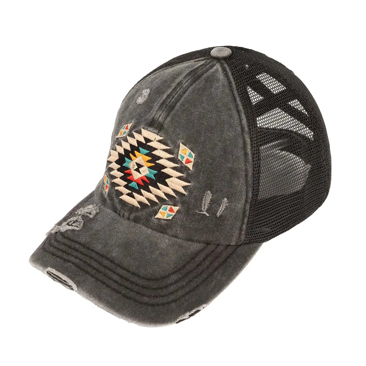 Distressed Aztec Patch Criss-Cross Ponytail Cap