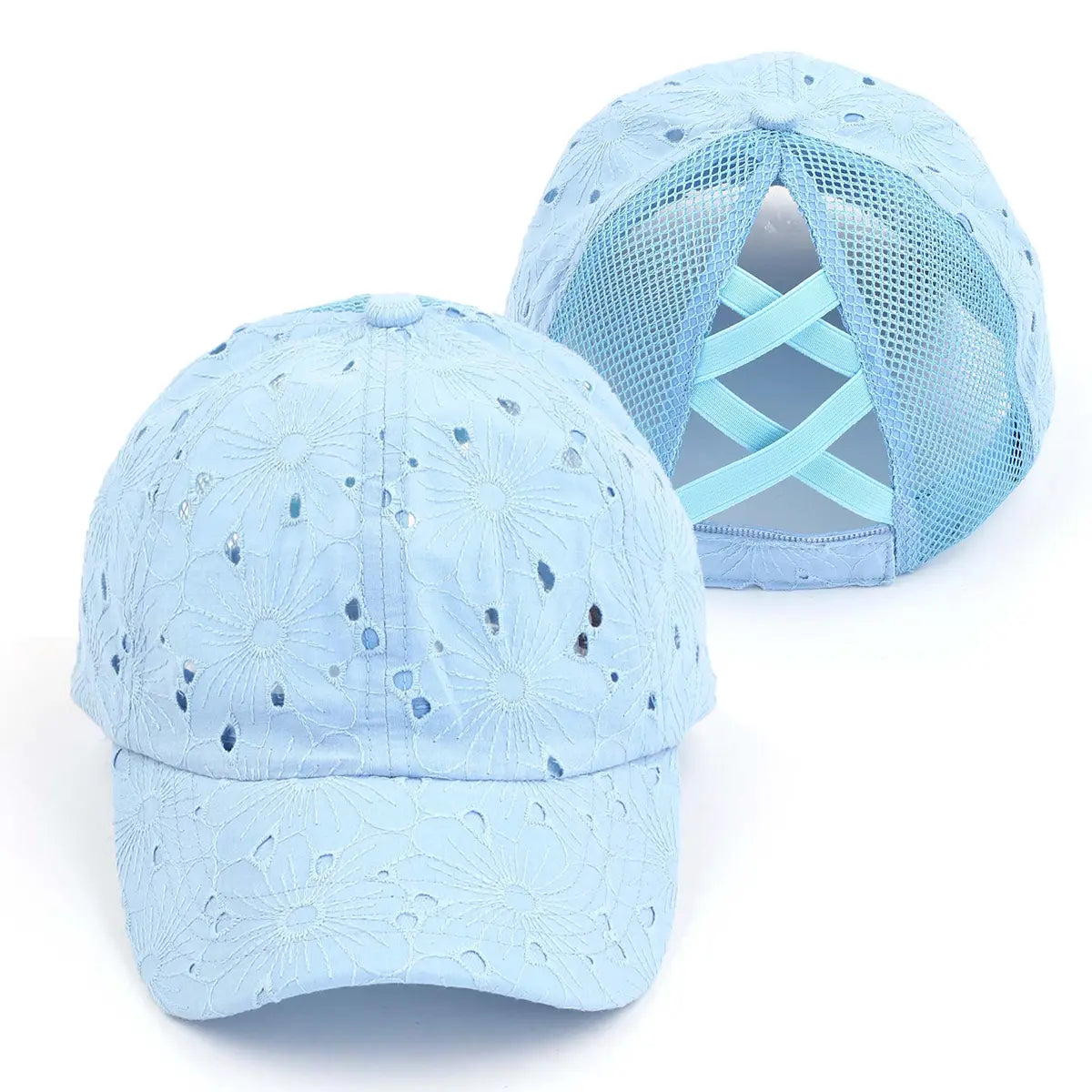 C.C Embroidered Eyelet Criss-Cross Ponytail Baseball Hat